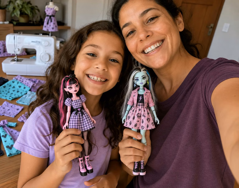 Mãe e filha em selfie com suas Monster High vestidas com roupas artesanais — imagem ilustrativa