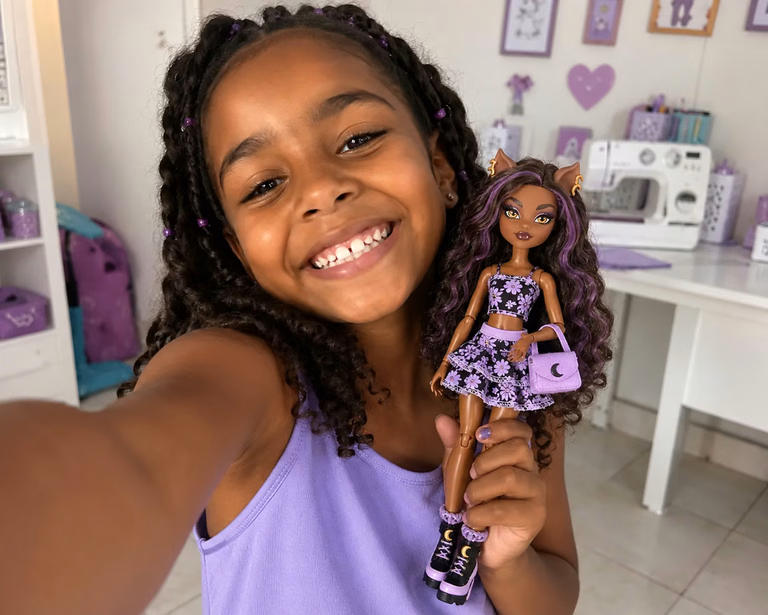 Menina em selfie no ateliê com uma Monster High em look artesanal — imagem ilustrativa