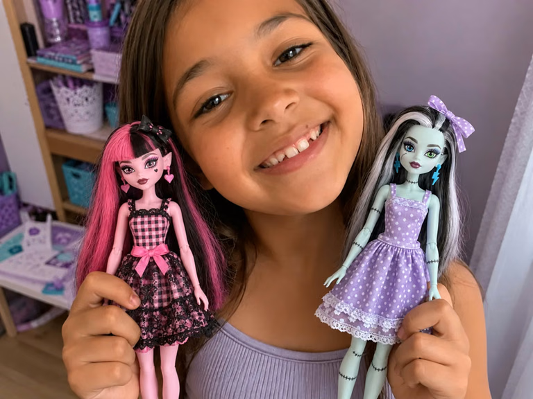 Menina segurando duas Monster High em vestidos artesanais — imagem ilustrativa