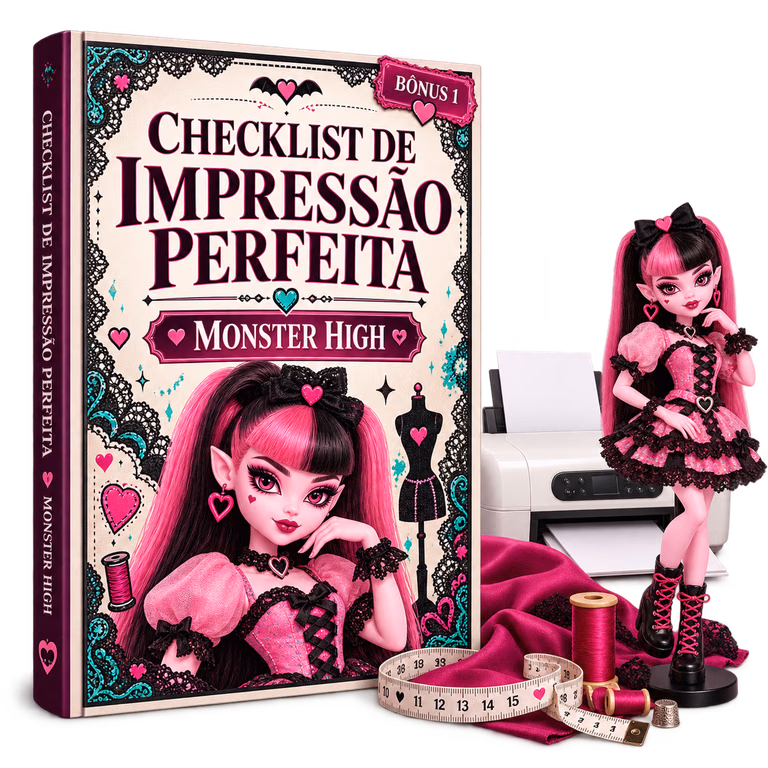 Mockup do bônus Checklist de Impressão Perfeita Monster High